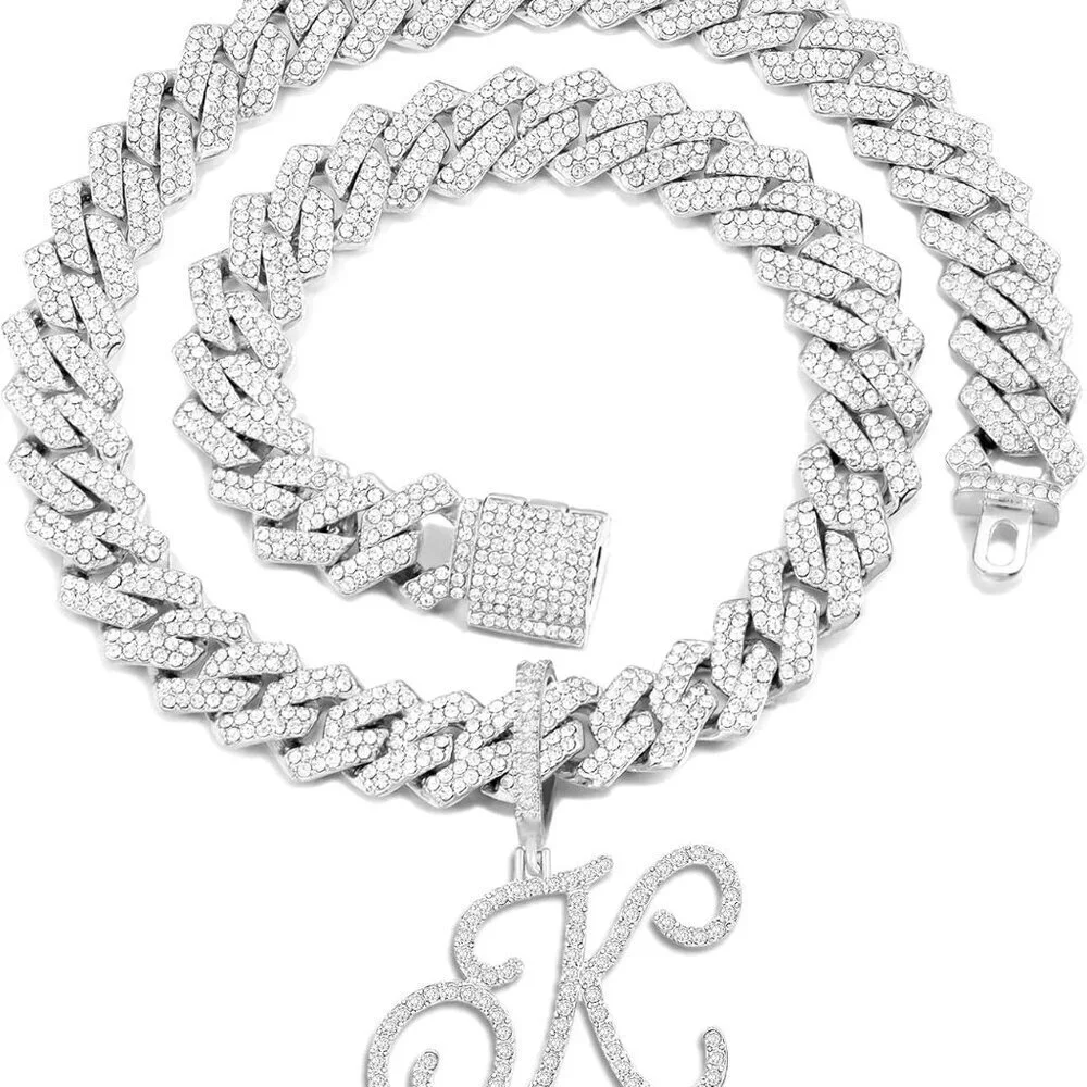 Silver Cuban Link Chain Necklace Women Men Rhinestone Pendant 18-inch